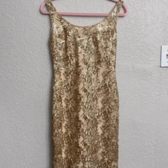 Lauren Ralph Lauren Gold Sequin Sheath Cocktail Formal Midi Dress Size 2 - Picture 1 of 6